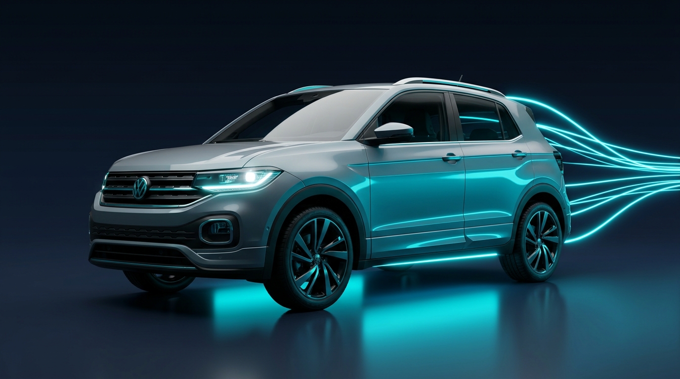 Volkswagen T-Cross prateado com luzes ciano